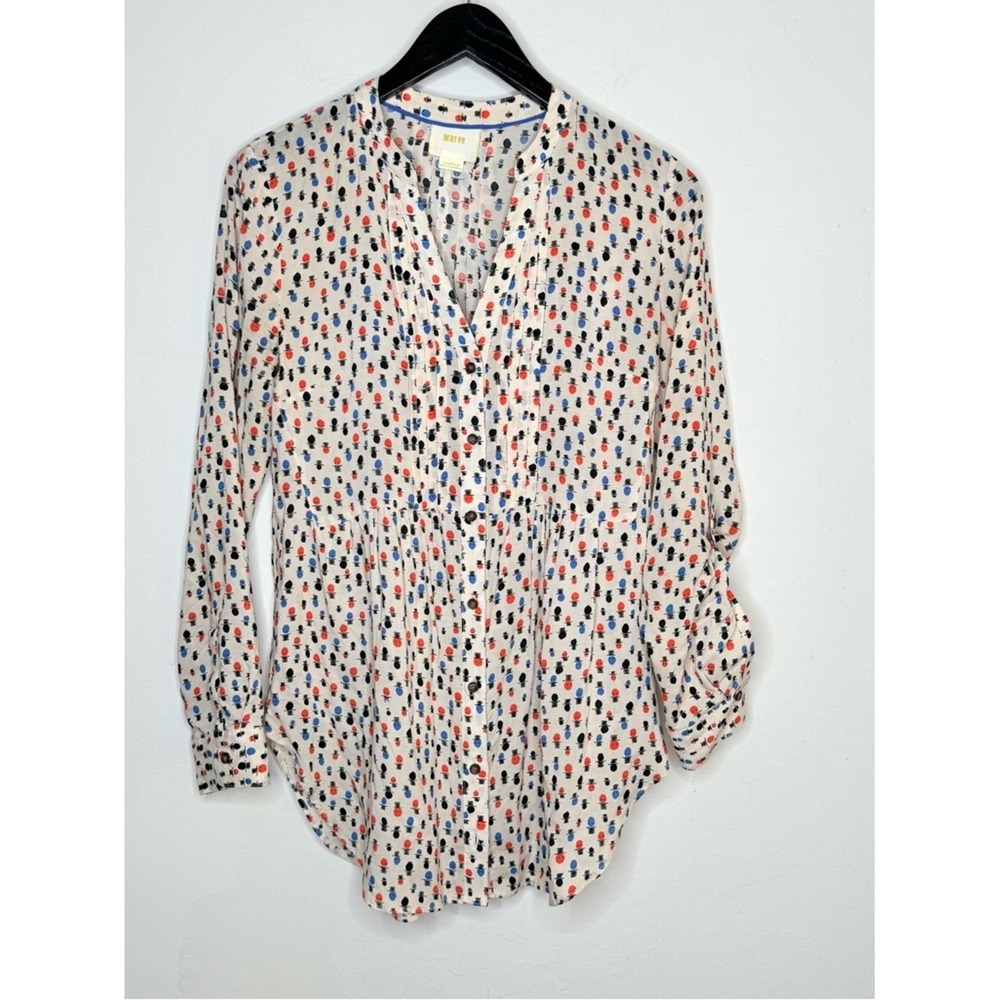 Maeve Button Down Tunic Blouse 4 Ivory Rayon Print Boho Whimsical Artsy Anthro - Picture 2 of 11